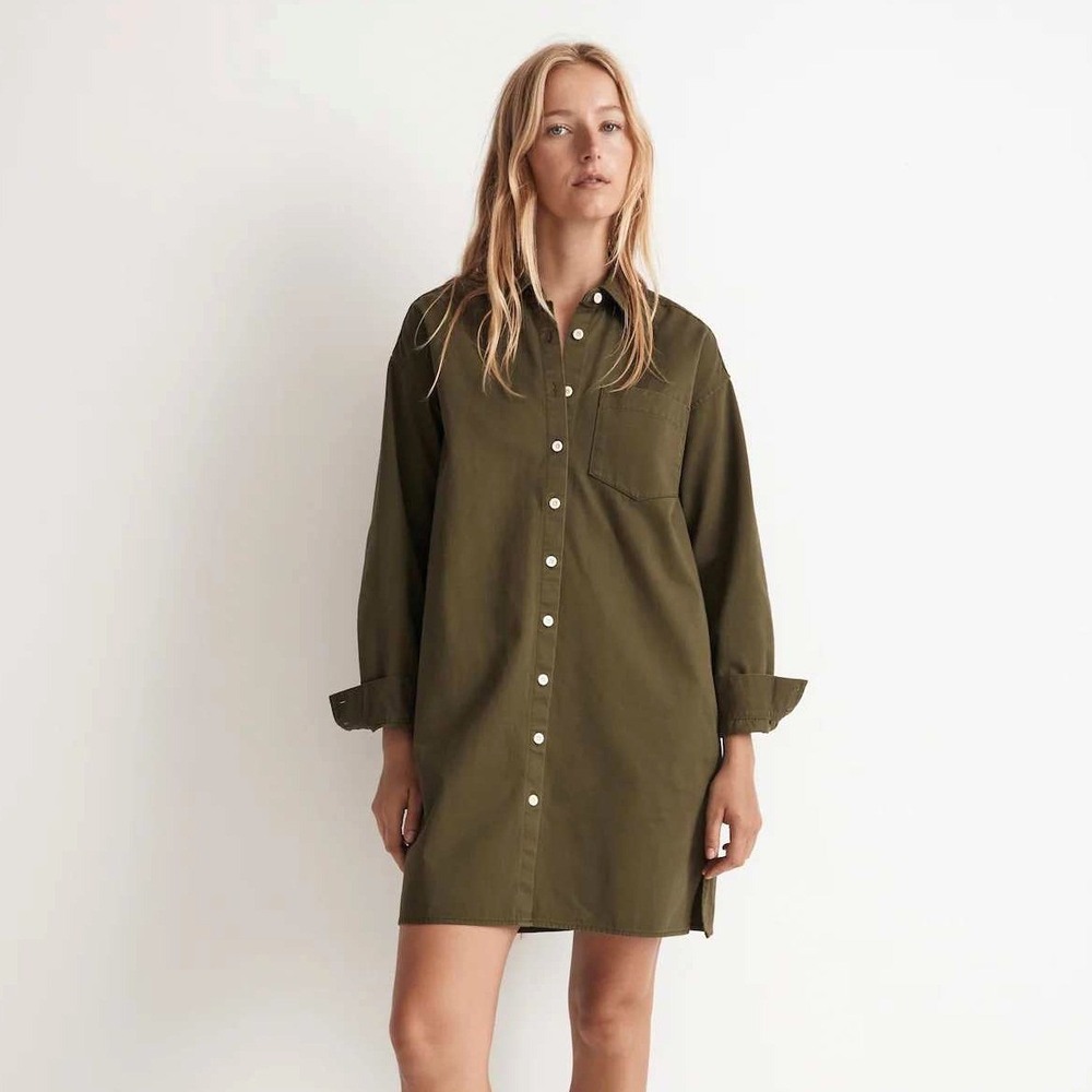 Madewell‎ Mini Shirt Dress Womens Large Green Lagenlook Earthy Pockets Relaxed